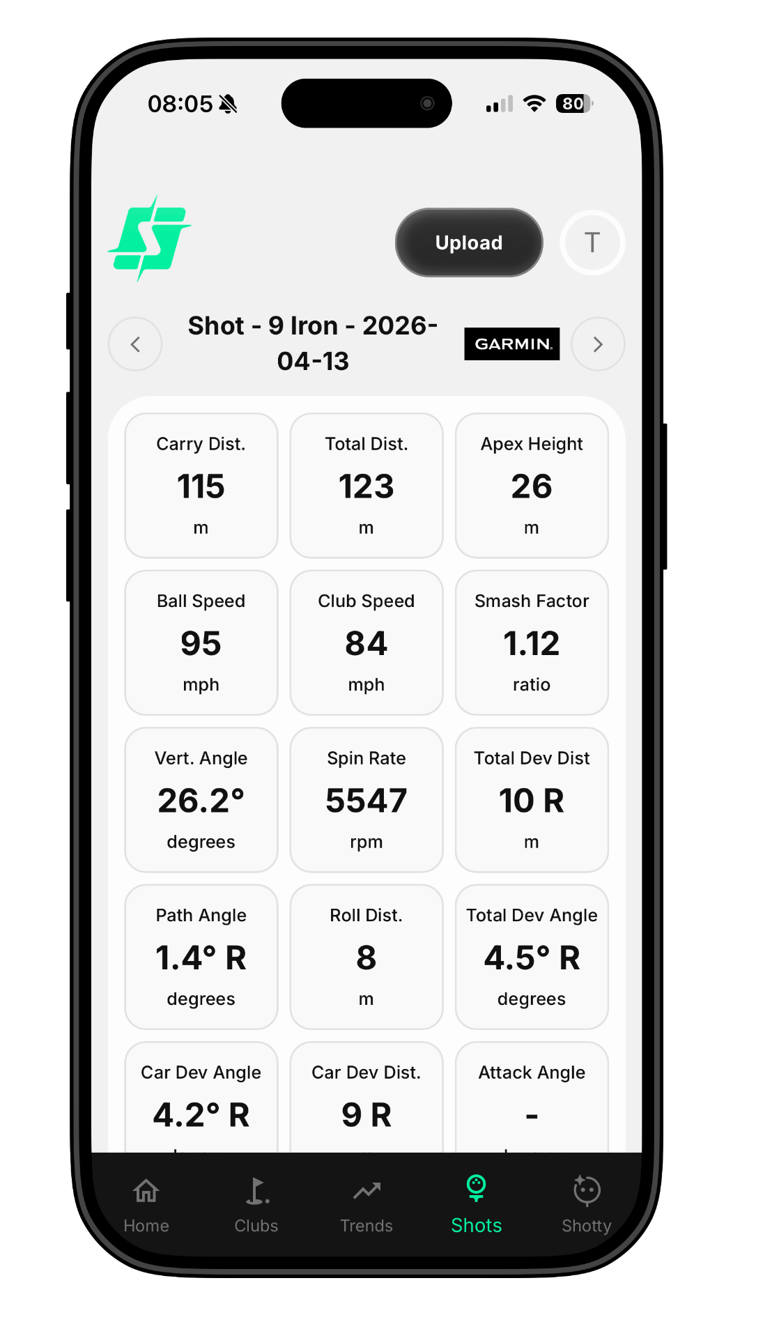 Single shot details with carry, ball speed, club speed, spin and face metrics on mobile