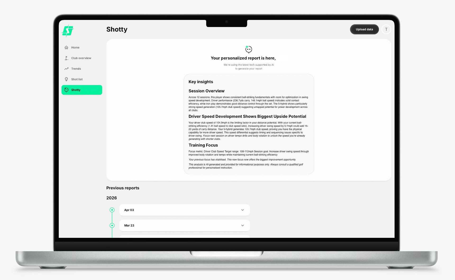 Shotty AI personalized session report with key insights and training focus