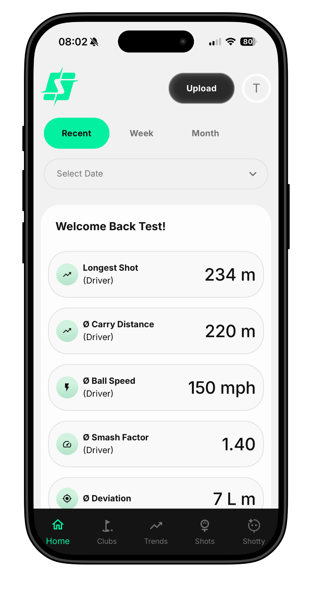 shotdata.io dashboard on mobile showing longest shot, carry distance, ball speed and smash factor