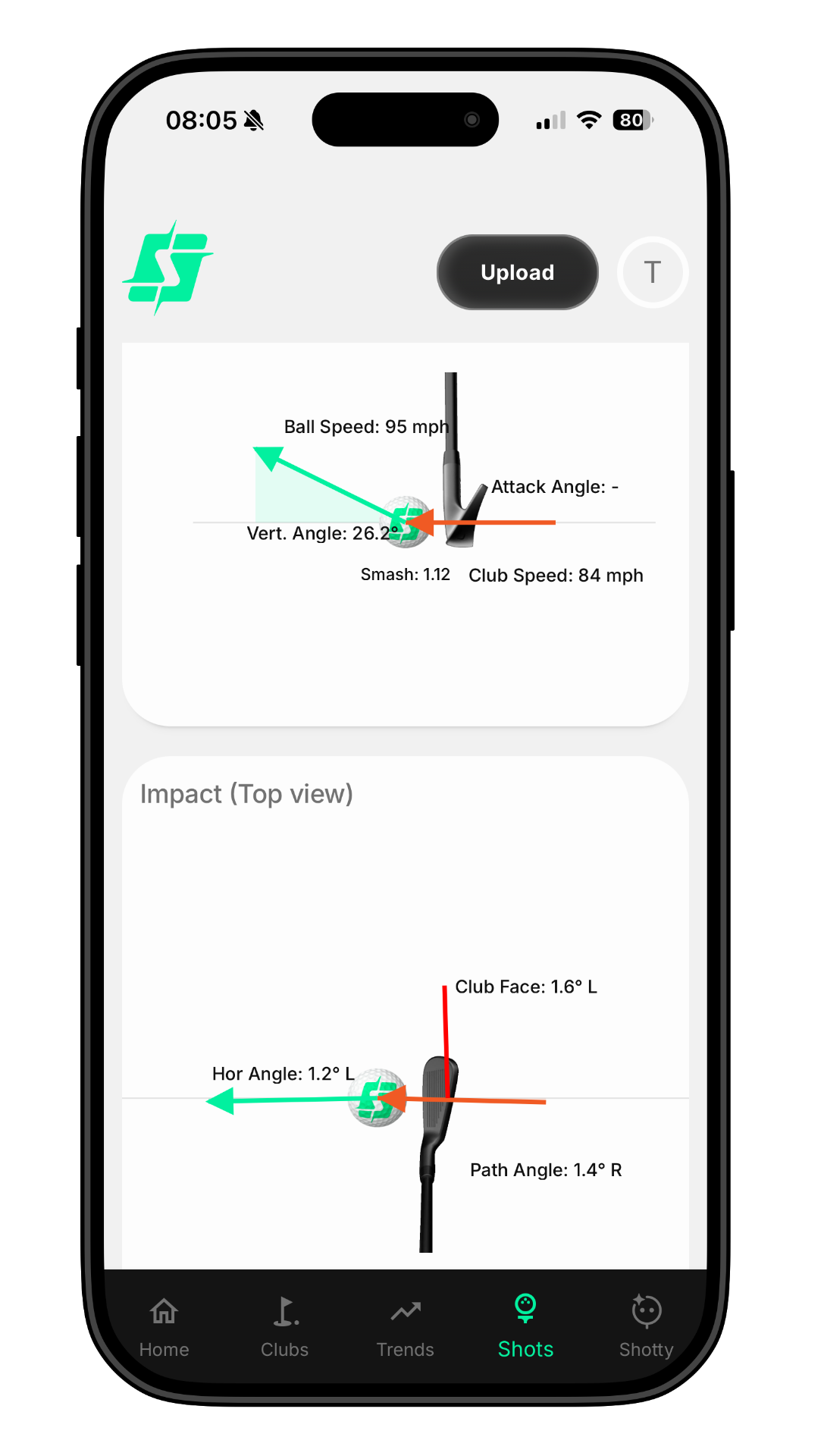 Shot trajectory and impact visualization with side and top views on mobile